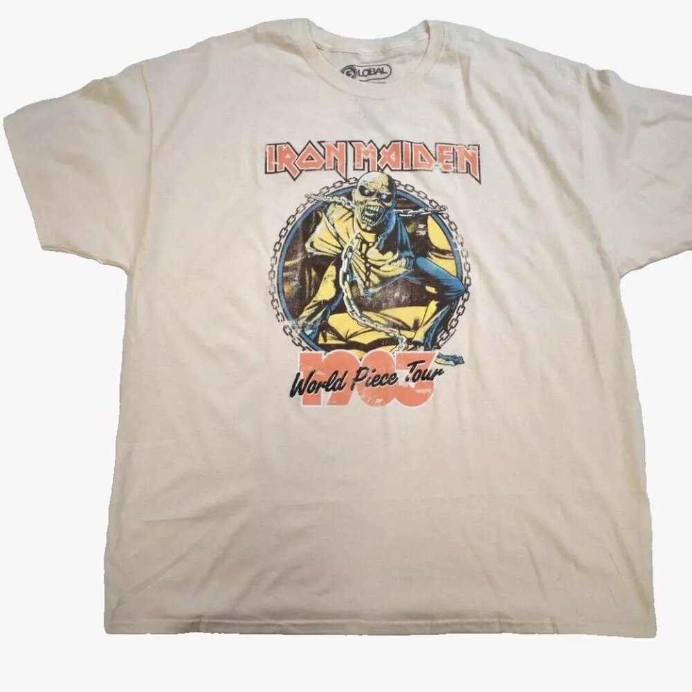 Global Mens Iron Maiden World Piece Tour Retro Graphic Cream Shirt New Large